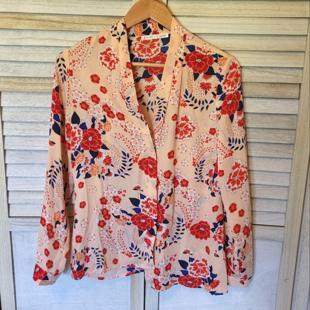 Violet & Claire Floral Pullover Blouse Womens Size Small Peach Flowers V Neck